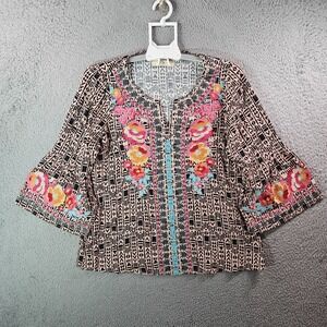 NEW Savanna Jane Top‎ Blouse Women Small Embroidered Bell Sleeve Multicolor Boho